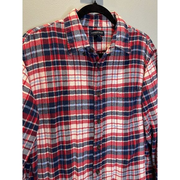 Lands' End Red Blue Plaid Button Up Shirt Men's Size Large L - Picture 2 of 6